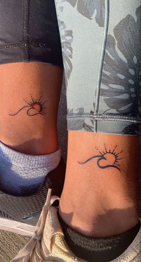 Matching Wave Tattoos For Best Friends, Summer Vibe Tattoos, Best Friend Wave Tattoos, Beach Wave Tattoos For Women, Beach Lover Tattoo Ideas, Beachy Matching Tattoos, Wave Tattoo With Words, Best Friend Beach Tattoos, Summer Tattoos For Women