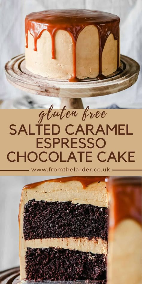 Espresso Chocolate Cake, Chocolate Cake With Salted Caramel, Salted Caramel Buttercream, Chocolate Espresso Cake, Espresso Cake, Homemade Salted Caramel, Chocolate Caramel Cake, Gluten Free Chocolate Recipes, Gluten Free Cake Recipe