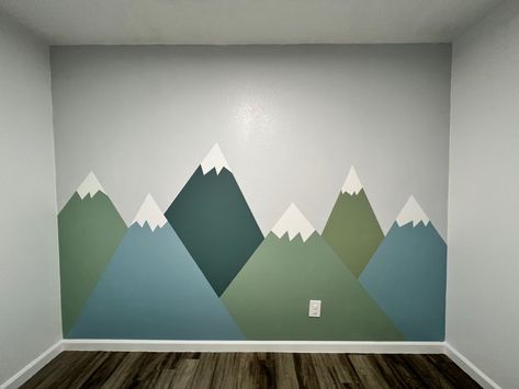 Kids Room Mountain Wall, Mountain Themed Nursery Artwork, Mountain Themed Playroom, Mountain Wall Art Kids Rooms, Mountain Playroom, Kids Mountain Bedroom, Green Mountain Nursery, Mountains Nursery, Nursery Mountain Mural