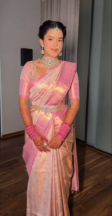 South Indian Reception Look, Silver Saree Wedding, Pastel Saree Look, Pink Saree South Indian, Reception Saree For Bride Indian, Godh Bharai Outfit, Bridal Sarees South Indian Telugu Wedding, Pastel Pattu Saree, Pastel Saree Wedding