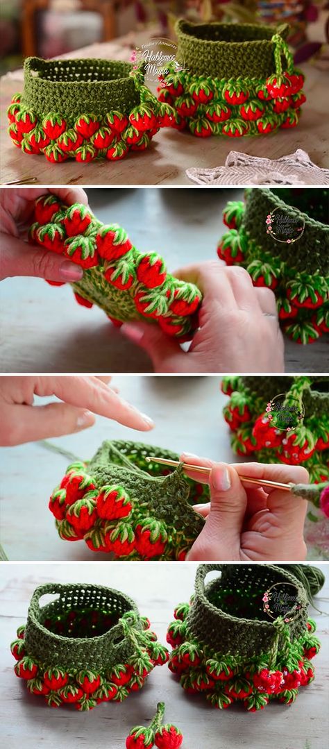 Crochet Strawberries, شال كروشيه, Crochet Strawberry, Confection Au Crochet, Crochet Braid, Crochet Basket Pattern, Crochet Simple, Fun Crochet Projects, Crochet Diy