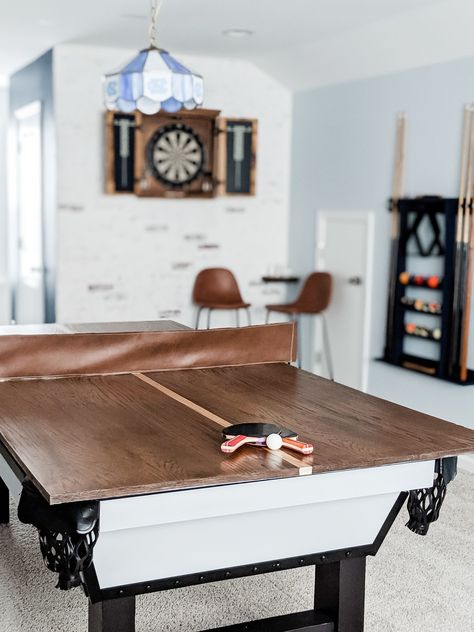 Looking for inspiration for your game room? Your space can be classy and fun! See our full game room reveal for ideas and DIY suggestions! #diyproject #roomreveal #beforeandafter #pooltable #gameroom Plywood Table Top, Ping Pong Table Top, Plywood Diy, Diy Privacy Screen, Pool Table Room, Diy Porch Swing, Plywood Table, Painting Tile Floors, Simple Projects