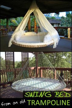 Recycled Trampoline, Trampoline Bed, Old Trampoline, Swing Bed, Backyard Trampoline, Beyond Repair, Hanging Beds, Backyard Oasis Ideas, Bed Swing