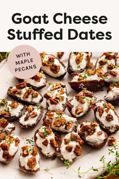 These sweet and savory goat cheese stuffed dates are topped with roasted pecans and fresh thyme for a quick and easy, delicious appetizer that everyone will love! Dates With Goat Cheese, Goat Cheese Stuffed Dates, Cheese Stuffed Dates, Dates Stuffed, Quick Appetizer, Stuffed Dates, Baked Falafel, Date Recipes, Quick And Easy Appetizers