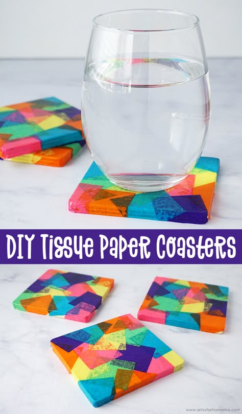 DIY Tissue Paper Coasters #plaidcrafts #diy #teencrafts #kidscrafts #modpodge #craftideas #coasters #diycoasters Alzheimers Activities, Paper Coasters, Tissue Paper Crafts, Mod Podge Crafts, Coaster Crafts, Vbs Crafts, Crafts For Seniors, Mothers Day Crafts For Kids, Diy Coasters