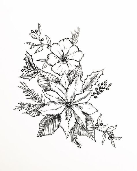 been listening to gregorian chant style christmas music and drawing poinsettias in the corner of a dark room with one creaky lamp and… Pointsetta Plant Drawing, Poinsetta Tattoo Design, Christmas Flower Drawing, Poinsettia Tattoo, Ladies Tattoos, Holiday Tattoo, Bff Tats, Gregorian Chant, A Dark Room