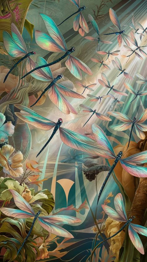 Immerse yourself in the enchanting world of our mesmerizing wallpaper design featuring iridescent dragonflies fluttering through a vibrant botanical landscape. This stunning piece blends realism with surrealism, showcasing delicate artistry influenced by Art Nouveau and bold geometric Art Deco patterns. Perfect for adding a touch of serenity and wonder to your space. #WallpaperDesign #Dragonflies #ArtNouveau #ArtDeco #HomeDecor Adirondack Art, Ethereal Wallpaper, Botanical Landscape, Dragonfly Wallpaper, Dragonfly Art, Beautiful Prints, Art Deco Patterns, Wallpaper Design, Crafting Ideas