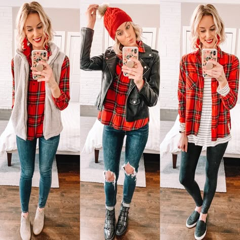 5 Ways to Style a Red Flannel Shirt for the Holidays - Straight A Style Red Plaid Flannel Outfit, Red And Black Flannel Outfit, Red Flannel Outfits, Christmas Day Outfit Casual, Red Flannel Shirt Outfit, Ways To Wear A Flannel Shirt, Ways To Wear A Flannel, Red Flannel Outfit, Styling A Flannel