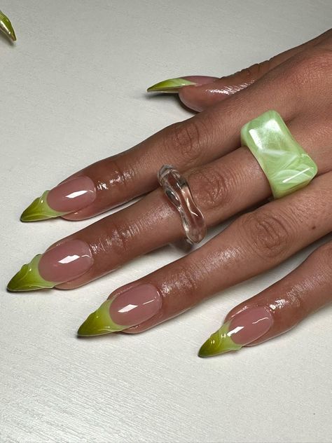 Airbrush French Nails Ombre, Nails Acrylic Lime Green, Different Styles Of French Tip Nails, Almond Nails Green Design, Nude Aura Nails, Green Airbrush Nails, Green Stiletto Nails Designs, Multi Colored French Tip Nails, Unique French Tip Nails