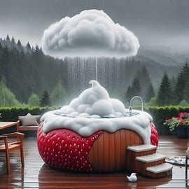 fluffy thick grey clouds with drizzling rain over a hot tub spa the shape of a strawberry. There is a cute water fountain near by for birds - Image Creator in Bing Drizzling Rain, Grey Clouds, Spa Hot Tubs, Water Fountain, Images Photos, Bing Images, Hot Tub, High Quality Images, Spa