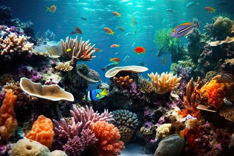 Tropical sea underwater fishes on coral reef. Aquarium oceanarium wildlife colorful marine panorama landscape nature stock photography Coral Reef Landscape, Reference Landscape, Coral Reef Pictures, Coral Reef Photography, Mermaid Background, Panorama Landscape, Coral Reef Aquarium, Inspiration Pics, Sea Underwater