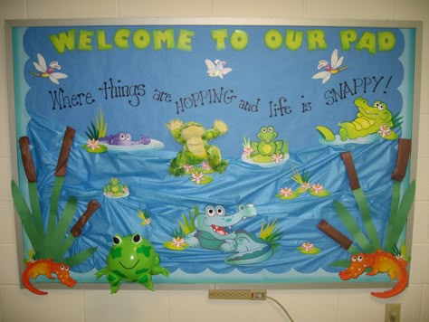 Welcome To Our Pad  Where Things Are "Hopping" and life is "Snappy" Welcome To Our Pond Bulletin Board, Frog Bulletin Board Ideas Classroom, Wetlands Bulletin Board, Alligator Bulletin Board Ideas, Pond Bulletin Board Preschool, Pond Bulletin Board, Frog Classroom Decorations, Frog Bulletin Boards, Frogs Preschool