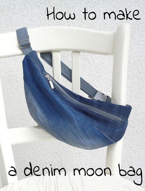 How to make a denim fanny pack, bum bag, moon bag, belt bag. Tutorial and pattern. Sewing lesson. Denim Belt Bag, Moon Bag Pattern, Bum Bag Pattern Free, Moon Bag, Hip Bag Diy, Belt Bag Diy, Diy Belt Bag, Bum Bag Pattern, Belly Pouch