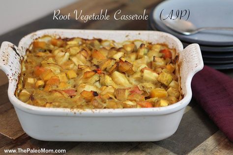 I cooked my first turkey and stuffing when I was 16 years old.  From there, I added to my Thanksgiving Dinner responsibilities yearly by taking on more and more side dishes and desserts.  When I moved away for graduate school at the age of 22, I began a tradition of hosting a huge Thanksgiving dinner …Read More Root Vegetable Casserole Recipes, Root Vegetable Casserole, Aip Veggies, Vegetables Casserole, Aip Recipe, The Paleo Mom, Recipe Casserole, Root Vegetables Recipes, Veg Stock