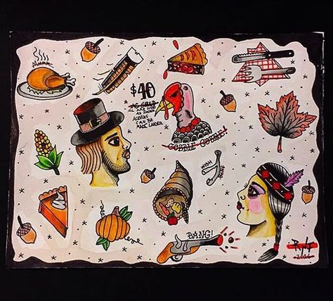 Traditional Thanksgiving Tattoo Flash Sheet 2016 Thanksgiving Flash Tattoo, Thanksgiving Tattoo Ideas, Thanksgiving Tattoo, 3x3 Tattoos, 3x3 Tattoos Ideas, Holiday Tattoo, 2016 Tattoo, Traditional Thanksgiving, Flash Sheet