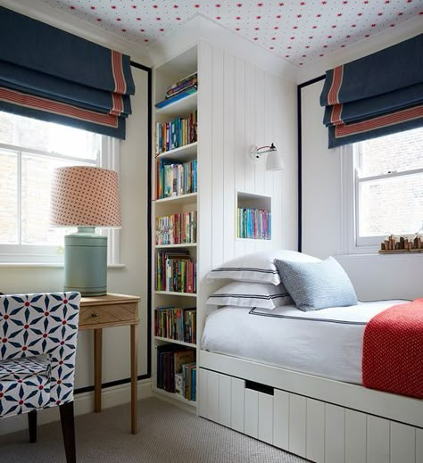 Blue shade with red trim in bedroom. #valance #romanshade #trimshade #decor #roomdecor #bedroom #bedroomdesign Turner Pocock Bedroom, Turner Pocock, Boys Bedroom Curtains, Chelsea Townhouse, Bed Nook, Children's Bedroom Ideas, Big Boy Bedrooms, Blinds And Curtains, Blinds Curtains