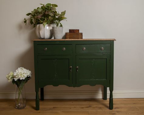 Painted Sideboard Ideas, Upcycled Sideboard, Green Home Offices, Sideboard Upcycle, Duck Green, Painted Sideboard, Mid Century Dresser, Farrow And Ball Paint, Room Book