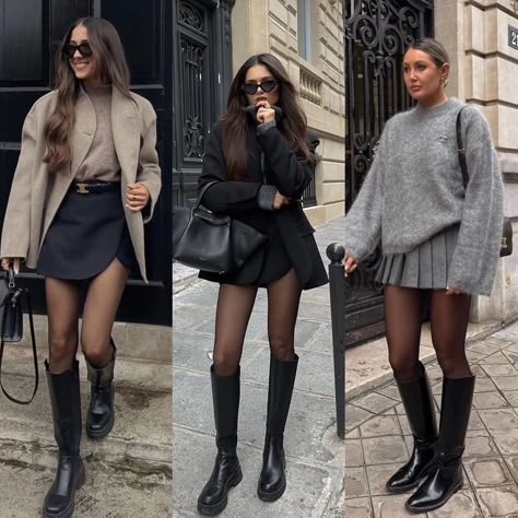 Fall Fashion Mini Skirt, Autumn Outfit With Skirt, Melbourne Spring Outfits, Italy Outfits Autumn, Paris Outfits February, Going Out Nyc Outfit Night, Under Knee Boots Outfit, Plateau Boots Outfit, Petite Outfits Summer