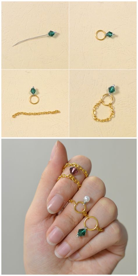 Charm Rings Diy, Rings With Beads And Wire, Pearl Beaded Chain Dangle Jewelry, Diy Chain Bracelets, Pearl Chain Ring Jewelry, Ring Bracelet Chain Diy, Diy Cute Rings, Chain Ring Diy, Diy Pearl Rings