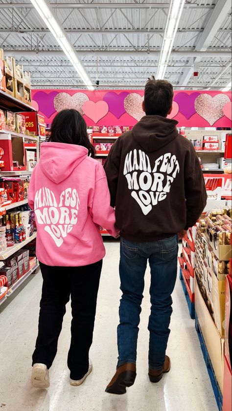 Manifest More Love Hoodie, Kaos Couple Aesthetic, Hoodie Outfit Couple, Creative Hoodie Design, Matching Hoodies Aesthetic, Couples Hoodies Aesthetic, Couple Hoodies Ideas Design, Unique Anniversary Gifts For Him, Bf Hoodie