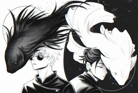 Betta Fish Tattoo, Satoru And Suguru, Satoru Suguru, Riso Print, Boy Fishing, Fish Wallpaper, Fish Drawings, Black And White Drawing, Jujitsu Kaisen