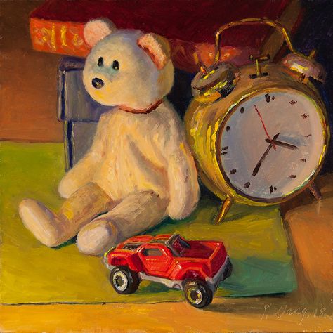 Youqing (Eugene) Wang | OIL | Still Life with Teddy Bear Teddy Bear Oil Painting, Teddy Bear Still Life, Toys Still Life, Cute Still Life, Still Life Ideas, Teddy Bear Painting, Toys Painting, Teddy Bear Wall Art, Teddy Bear Art