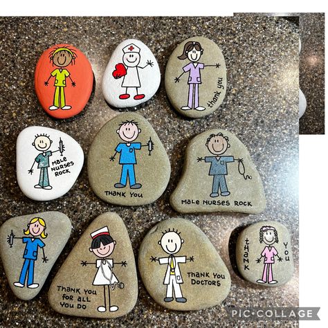 Painted rocks Medical Painted Rocks, Painted Rocks For Nurses, Rock Painting People, Kindness Projects, Garden Rock Art, Nurse Art, Story Stones, Diy Rock Art, Nurse Rock