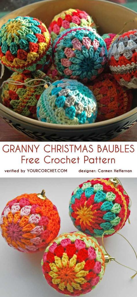 Granny Square Christmas Baubles, Granny Crochet Christmas Baubles, Crochet Bobble Ornament, Christmas Yarn Crochet, Easy Crochet Christmas Decorations Free Pattern, Granny Christmas Baubles, Granny Stitch Christmas Ornaments, Crochet Granny Ornaments, Knitted Xmas Tree Decorations