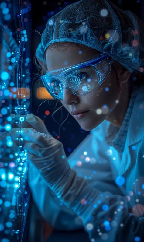 The image shows a female scientist wearing a lab coat, gloves, and safety goggles. She is working in a laboratory with a blue light shining on her ->> more details in ai-img-gen.com Female Scientist Aesthetic, Science Photoshoot, Lady Scientist, Scientist In Lab, Science Core, Futuristic Laboratory, Laboratory Coat, 2025 Manifestation, Lab Scientist