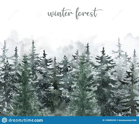 Watercolor winter pine tree forest background. Hand painted conifer spruce trees with falling snow. Nature landscape scene. Illustration about evergreen, drawing, greenery - 169085495 Winter Banner, Pine Tree Drawing, Christmas Tree Forest, Spruce Trees, Farmhouse Paintings, Pine Trees Forest, Watercolor Winter, Forest Background, Spruce Tree