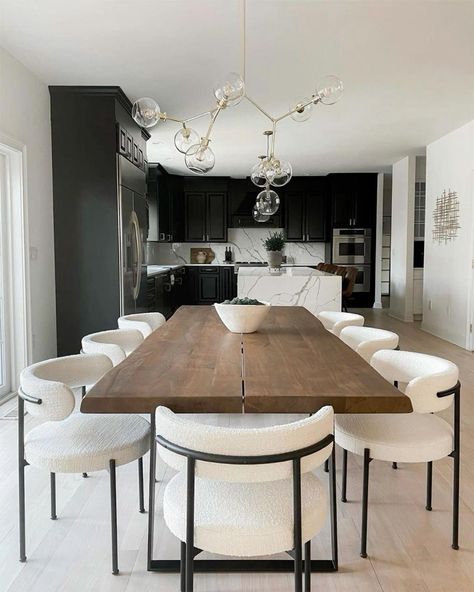 8 Chair Dining Table Modern, Dining Room Ideas Black Chairs, Kitchen With Dinner Table, Modern Chairs For Dining Table, Cb2 Dining, Dinner Table Chairs, Chairs For Dining Table, Dining Room Aesthetic, Kitchen And Dining Room Ideas