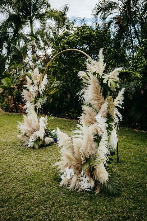 Pampas Grass Aisle Ceremony Flowers Hoop Tropical Hawaii Wedding Couple Cups Photography #wedding #weddingbackdrop Hoop Wedding Backdrop, Cups Photography, Couple Cups, Outdoor Scenery, Church Wedding Flowers, Big Island Wedding, Wedding Venues Hawaii, Arch Ideas, Hawaii Destination Wedding