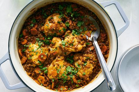 NYT Cooking: This one-pot chicken and lentils recipe takes a well-spiced blend of pantry staples plus a handful of fresh ingredients and simmers them together for a throw-in-the-pot meal that is both comforting and filling. It relies on bone-in, skin-on chicken thighs, and the role of the skin is essential: First, it forms a protective shield when seared, preventing the chicken from drying out in the bubbling Zesty Chicken, Chicken Tray Bake, Tray Bake, One Pot Chicken, One Pot Dishes, Braised Chicken, Chicken Dinners, Lentil Recipes, Winner Winner