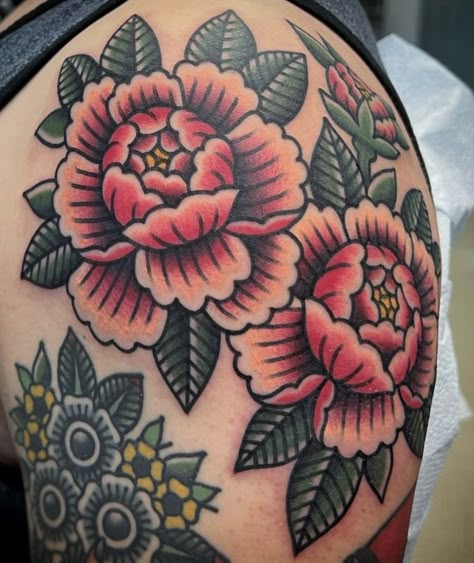 American Traditional Peonies, American Traditional Peony, American Traditional Tattoos Flower, Traditional Peony Tattoo, Japanese Peony Tattoo, Traditional Peony, Traditional Rose Tattoo, Trad Tattoos, Traditional Tattoo Flowers