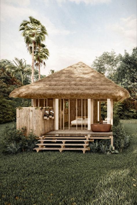 Bali Small House, Tropical Houses Exterior Bali Style, Thesis Planning, Small Tropical House, Tropical Cabin, Bamboo House Bali, Bali Bungalow, Bamboo Home, Hut House