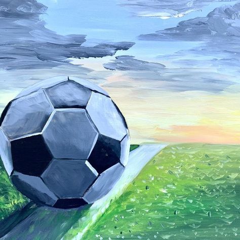 "Soccer Ball on Green Field" is an original acrylic painting. The painting has bold grey and white colors for soccer ball with hints of green for the field. A sunset with yellows and oranges makes the field pop. This painting was inspired by my son's love of soccer and how much he misses playing. He asked if I could make him a painting of a 3-D soccer ball on a green field. I also customized the painting by adding his soccer number in the sky. Soccer Paintings, Soccer Decorations, Football Painting, Soccer Number, Sports Artwork, Soccer Decor, Sport Decor, Sports Painting, Soccer Art