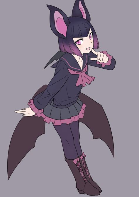 1girl bat_ears bat_wings boots bow fangs grey_background kemono_friends miniskirt momosuke_(ishakry) multicolored_hair open_mouth pantyhose pink_eyes pink_hair purple_hair simple_background skirt solo two-tone_hair vampire_bat_(kemono_friends) wings Bat Wings Character, Bat Ears Drawing, Bat Girl Oc, Human Bat Oc, Bat Anthro, Bat Wings Drawing, Bat Vtuber, Bat Character Design, Vampire Ears