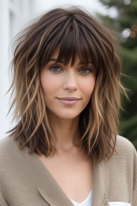 29+ Shag Haircuts 2024 21 Medium Shaggy Bob With Bangs, Medium Shaggy Haircuts, Medium Shaggy Bob, Shaggy Hairstyles, Thick Bangs, Rocker Hair, Haircuts 2024, Shaggy Bob, Shag Haircuts