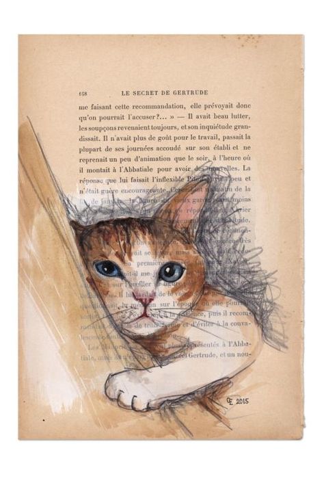 Cat Acrylic, Painting Old, Pencil Watercolor, Journal D'art, Cut Cat, Newspaper Art, Book Page Art, Cat Art Illustration, Dictionary Art