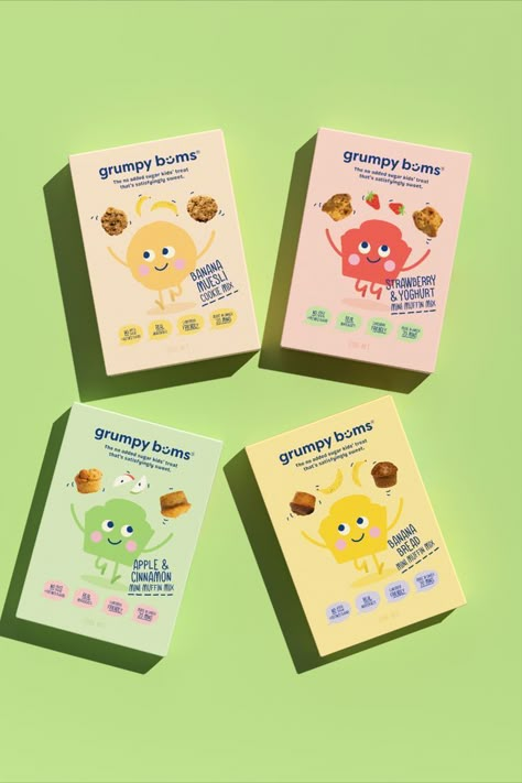 Grumpy Bums' Refreshingly Sweet Packaging System Bright Food Packaging, Healthy Snacks Design, Snack Box Packaging Design, Healthy Snack Packaging Design, Playful Packaging Design, Cute Snack Packaging, Fun Packaging Design, Colorful Packaging Design, Food Color Palette