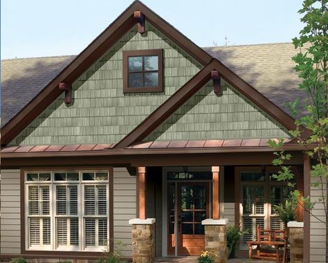 New vinyl split shake from Crane/Royal vinyl. Brown Trim House Exterior, Banquet Attire, Green House Color, Sage Green House, Green Exterior Paints, Green Exterior House Colors, Green House Exterior, Green Siding, Cabin Renovation