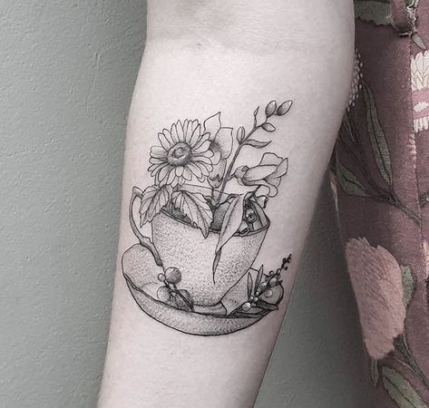 Sunflower Teacup Tattoo, Teacup And Flowers Tattoo, Coffee Cup And Flowers Tattoo, Coffee Mug With Flowers Tattoo, Coffee And Flowers Tattoo, Tea Cup And Flowers Tattoo, Coffee Cup Flower Tattoo, Flowers In Teacup Tattoo, Basket Of Flowers Tattoo