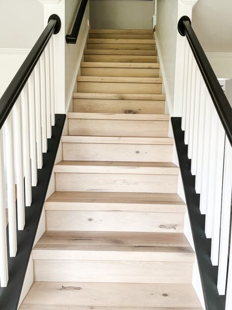 DIY Staircase Makeover using LVP flooring and paint! See the before and after plus a video! Lvp Staircase, Redoing Staircase, Lvp Stairs With White Risers, Stairs Before And After, Lvp Stairs, Painted Wood Stairs, White Stair Risers, Autumn Drive, Redo Stairs