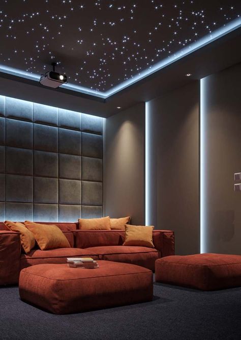 Decoração de Home Theater: Dicas e 50 Fotos Inspiradoras Home Theatre Design Interiors, Home Theatre Room Ideas, Best False Ceiling Designs, Home Theatre Design, Home Theater Lighting, Modern Bungalow House Design, Karaoke Room, Home Theater Room Design, Home Music Rooms