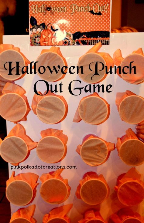 Halloween Punch Out Game. A fun game for "kids" of all ages.  Can be used for parties, lessons, or activities!  This board is easy to make and can be used over and over! - Pink Polka Dot Creations Punch Out Game, October Makeup, Halloween Carnival Games, Fun Halloween Party Games, German Costume, Festival Games, Halloween Punch, Dulces Halloween, Halloween Fest