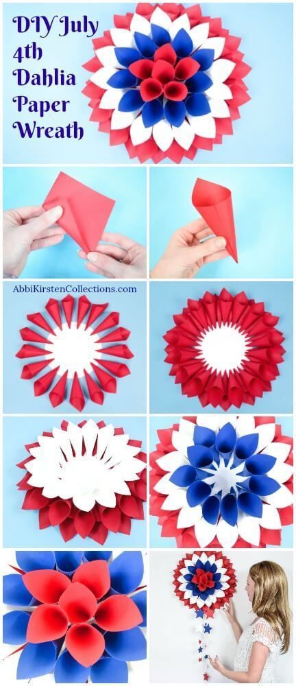 Red, White and Blue Dahlia Paper Wreath: July 4th DIY Decor 4th Of July Decorations Diy, Paper Wreath Diy, Giant Paper Flowers Template, Pregnancy Jokes, Fire Cracker, Tissue Paper Flowers Diy, Paper Dahlia, Blue Dahlia, 4th July Crafts