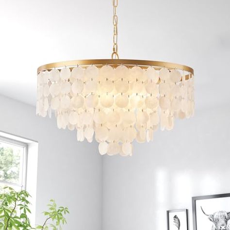 HLMRCHEN 24" Coastal Capiz Shell Chandelier 5 Light Dining Room Light Fixture Modern Chandeliers for Bedroom Bathroom Kitchen and Entryway(White Tiered Chandelier) Gold Dining Room Light Fixture, Dining Room Light Fixtures Modern, Coastal Chandeliers, Girls Chandelier, Capiz Shell Chandelier, Gold Dining Room, Bathroom Chandelier, Coastal Chandelier, Dining Room Light Fixture