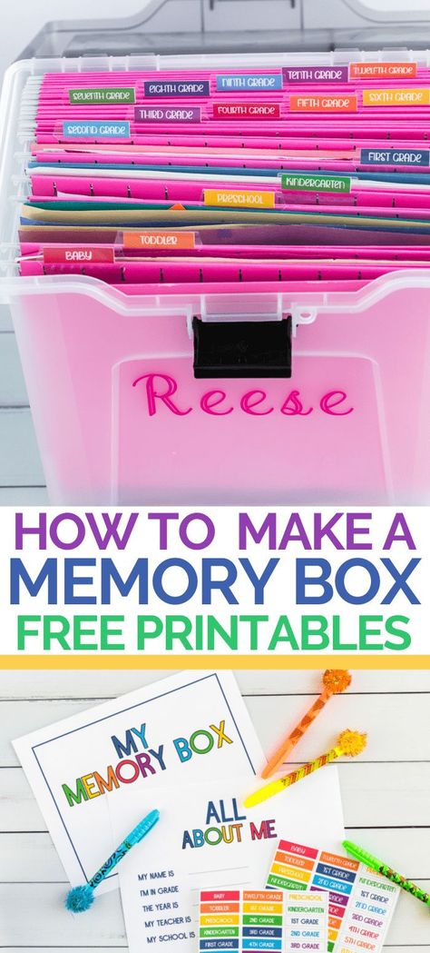 Make a DIY school memory box kit to keep your child's artwork, school work, photos, and more! Grab memory box printables in many styles. #MemoryBox #organization #MemoryBoxPrintables #printables #Keepsake Childs Memory Box Ideas, Kids Keepsake Storage Printable, School Project Organization, School Documents Organization, School Project Storage Ideas, Kids School Keepsake Storage, Keep Sake Box Ideas Diy, School Work Storage Ideas, Memory Storage Box Ideas