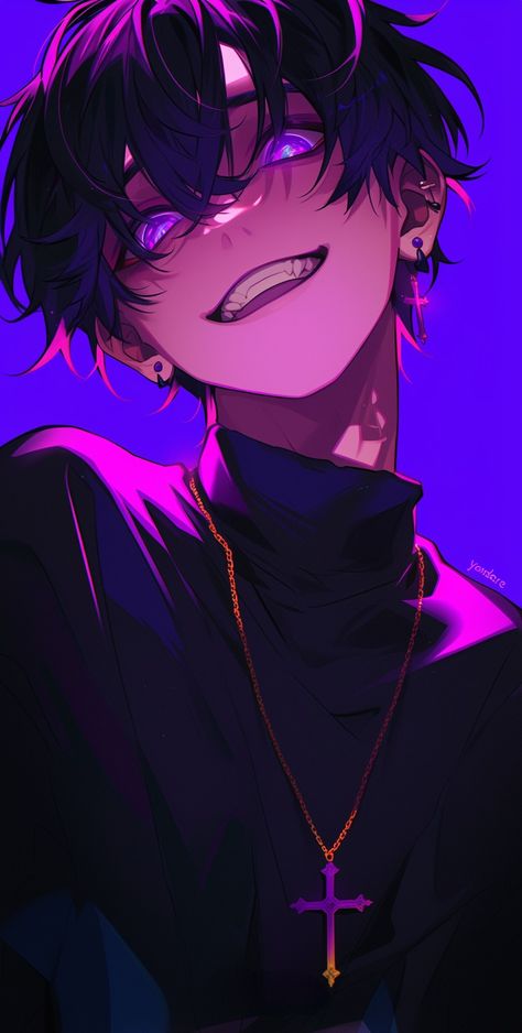 Violet Haired Anime Guy, Anime Guy Purple Eyes, Dark Purple Hair Anime Guy, Anime Guy Purple Hair, Crazy Anime Boy, Anime Boy Purple Hair, Purple Hair Oc, Goth Boy Art, Black Hair Purple Eyes