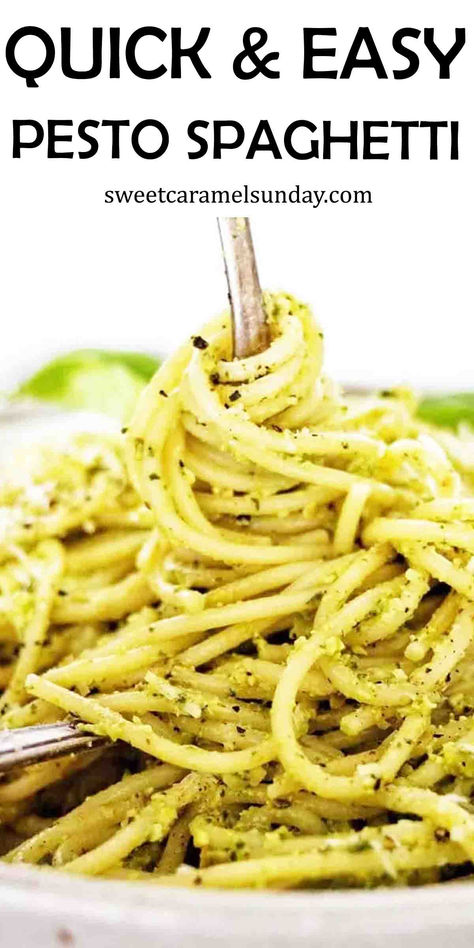 Fork being twirled in grey bowl of spaghetti with pesto. There is text written at the top of the image. Pesto Recipes Dinner Pasta, Spaghetti Pesto Recipe, Pesto Recipes Dinner, Spaghetti Pesto, Homemade Basil Pesto, Pesto Spaghetti, Pesto Sauce For Pasta, Basil Pesto Pasta, Easy Pasta Recipe